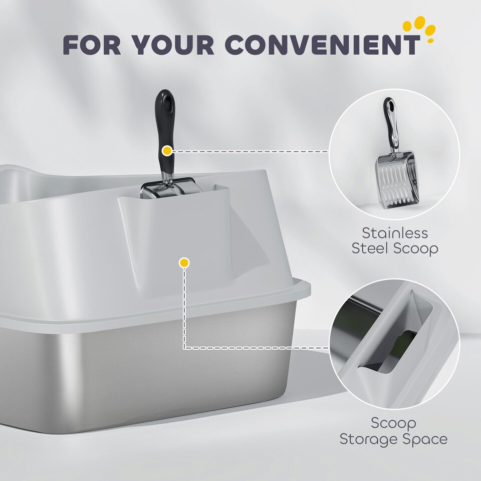 image 1 of PawHut Stainless Steel Cat Litter Box with High Sides Grey | L