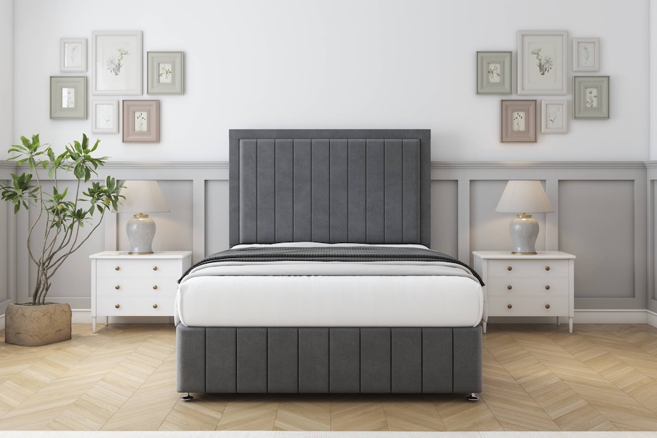 image 1 of Sloomy Pemberton Armour Coniston Divan Bed Base 2 Drawers Left Side With 54 Inch Floor Standing Headboard & 12 Inch Matching Footboard | Grey | Armour | King | 1