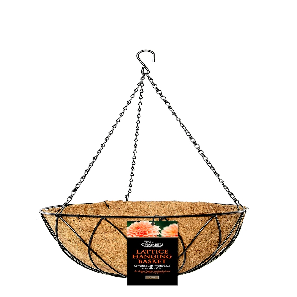 image 1 of Pack of 2 Tom Chambers Black Lattice Metal Garden Hanging Basket with WaterSave Coco Fibre Liner 35cm - Without Bracket Black