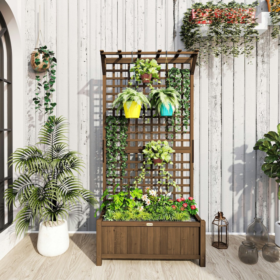 image 1 of Outsunny Wood Planter with Trellis for Climbing Plants Vines Planter Box Brown