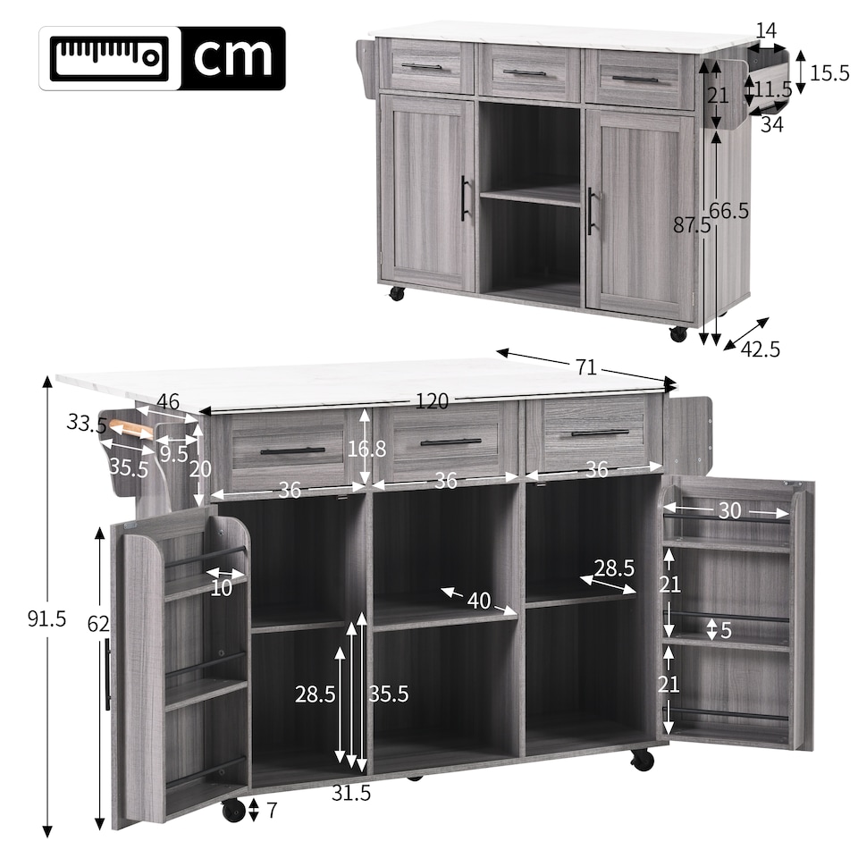image 1 of VILUXE Mobile Kitchen Island with Foldable Marble-Effect Worktop, 3 Drawers, Adjustable Storage, Towel Holder, Wheels and Solid Wood Feet, Grey