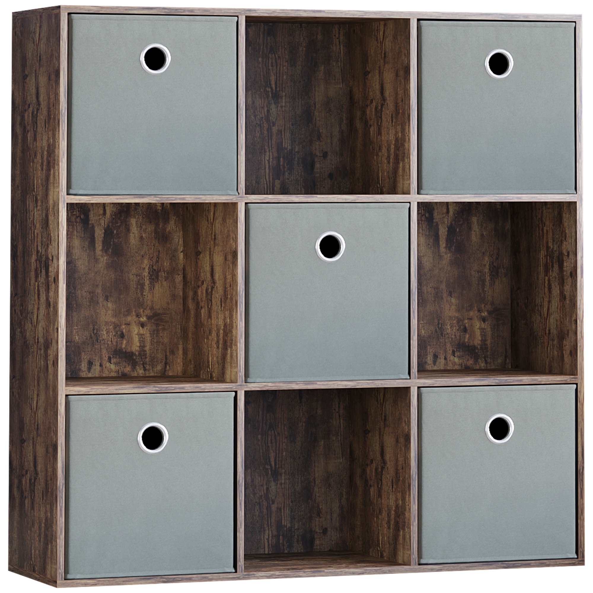 Vida Designs Durham 3x3 Cube Storage Unit, Dark Wood & Set of 5 Grey Cube Storage Baskets