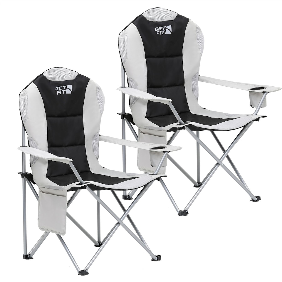image 1 of Get Fit Premium Folding Camping Chair - Thick Padded With Magazine Pocket, Cup Holder & Carry Bag - Lightweight 3Kg - Capacity 130Kg - 2 Pack | Grey | Black / Grey | 2