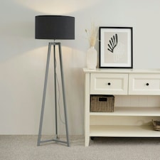 ValueLights Lottie Grey Wood Tripod Floor Lamp with Charcoal Grey Fabric Drum Shade and LED Bulb
