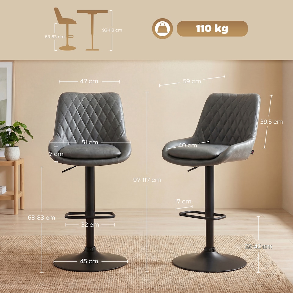 image 1 of HOMCOM PU Leather Padded Bar Stools Set of 2 with Metal Base, Dark Grey
