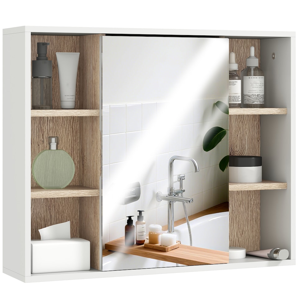 image 1 of HOMCOM Bathroom Mirror Cabinet, Wall Mounted Storage Cabinet with Open Cupboard and Adjustable Shelf, White