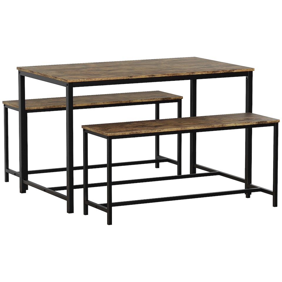 image 1 of Vida Designs Brooklyn 4 Seater Dining Set 3 Piece Table & Bench Set, Dark Wood