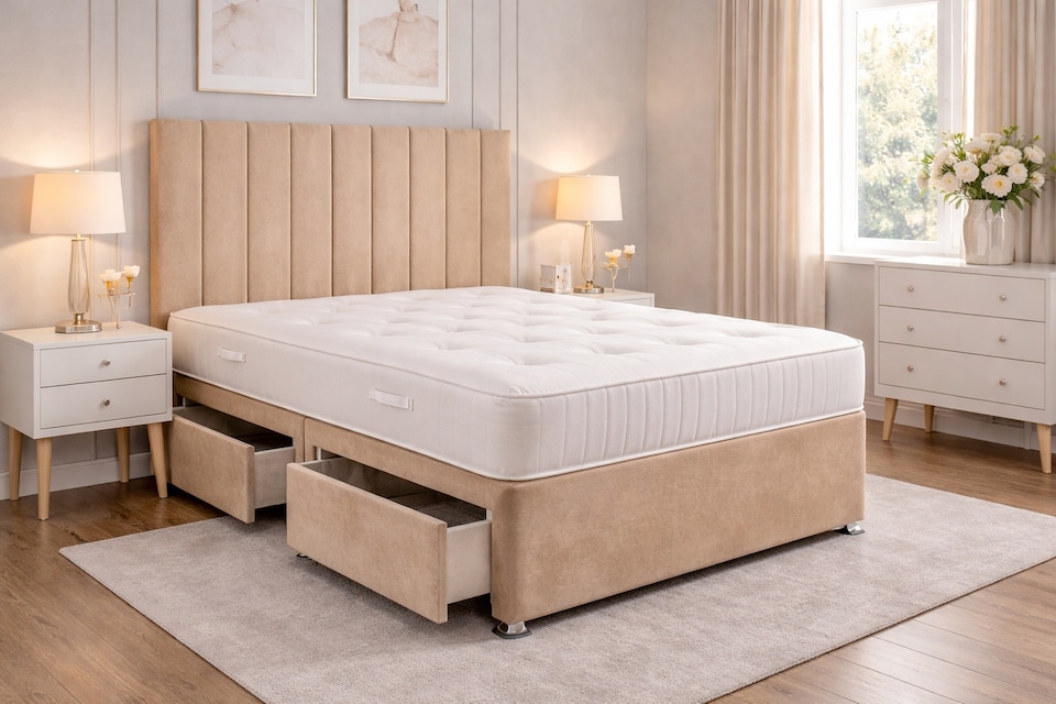 Mink 4ft small double plush divan bed set headboard with mattress storage 2 Drawers One Each Side