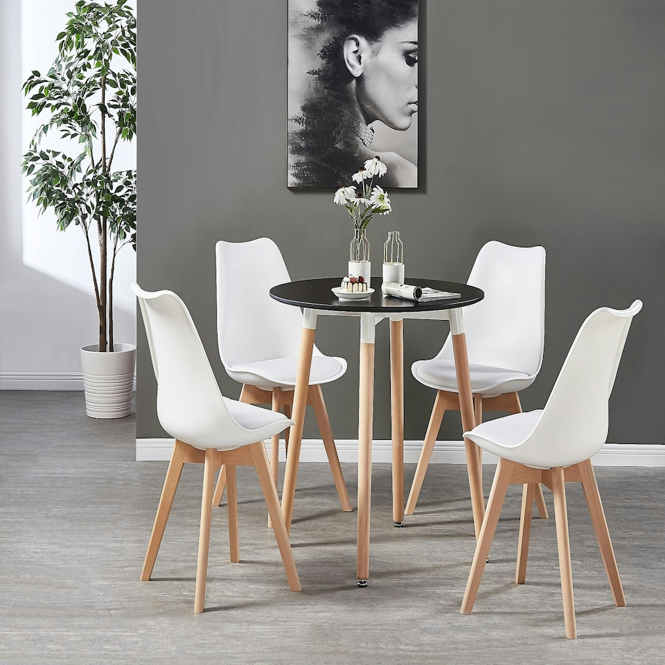 image 1 of 5PCs Dining Set - a Black Round Dining Table & Set of 4 White Lorenzo Tulip chairs with Padded Seat | White