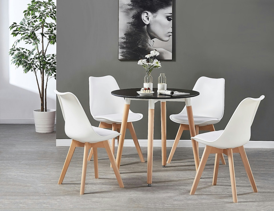 image 1 of 5PCs Dining Set - a Black Round Dining Table & Set of 4 White Lorenzo Tulip chairs with Padded Seat | White