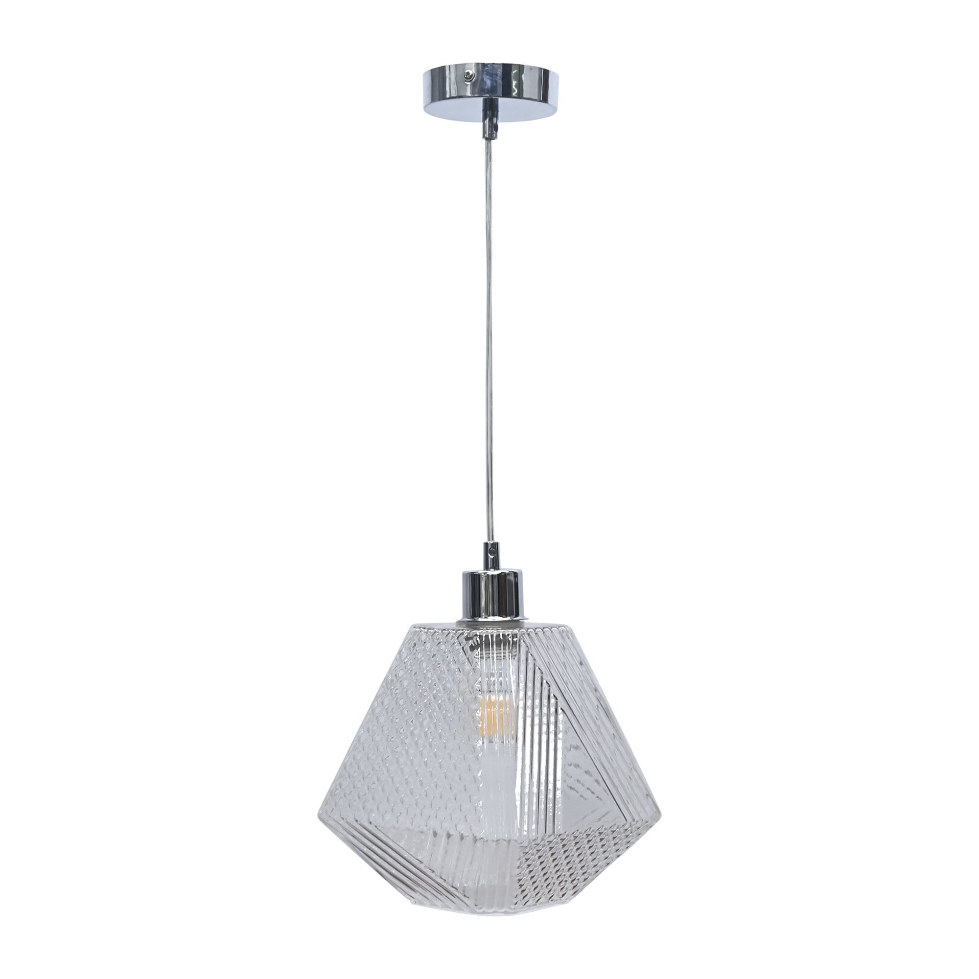 First Choice Lighting Lens Chrome with Clear Textured Glass Pendant Light in Silver
