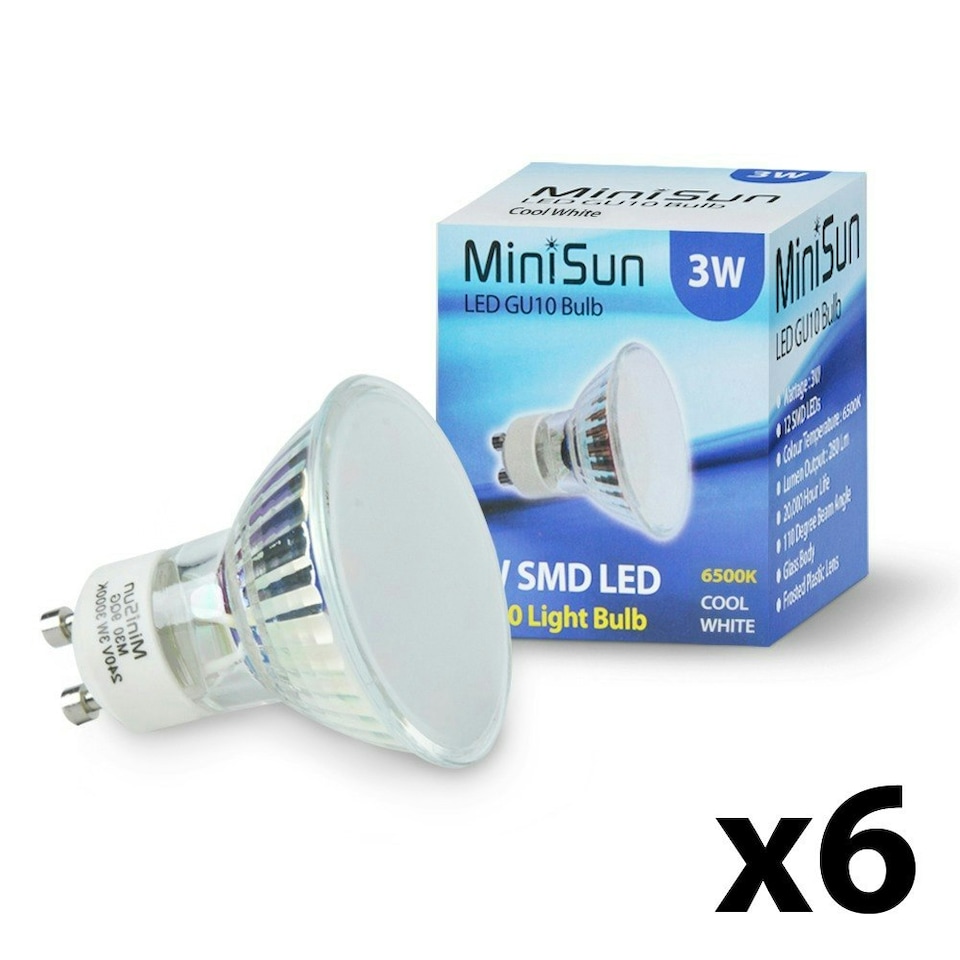 image 1 of ValueLights 6 Pack GU10 White Plastic Spotlight LED 3W Cool White 6500K 280lm Light Bulb