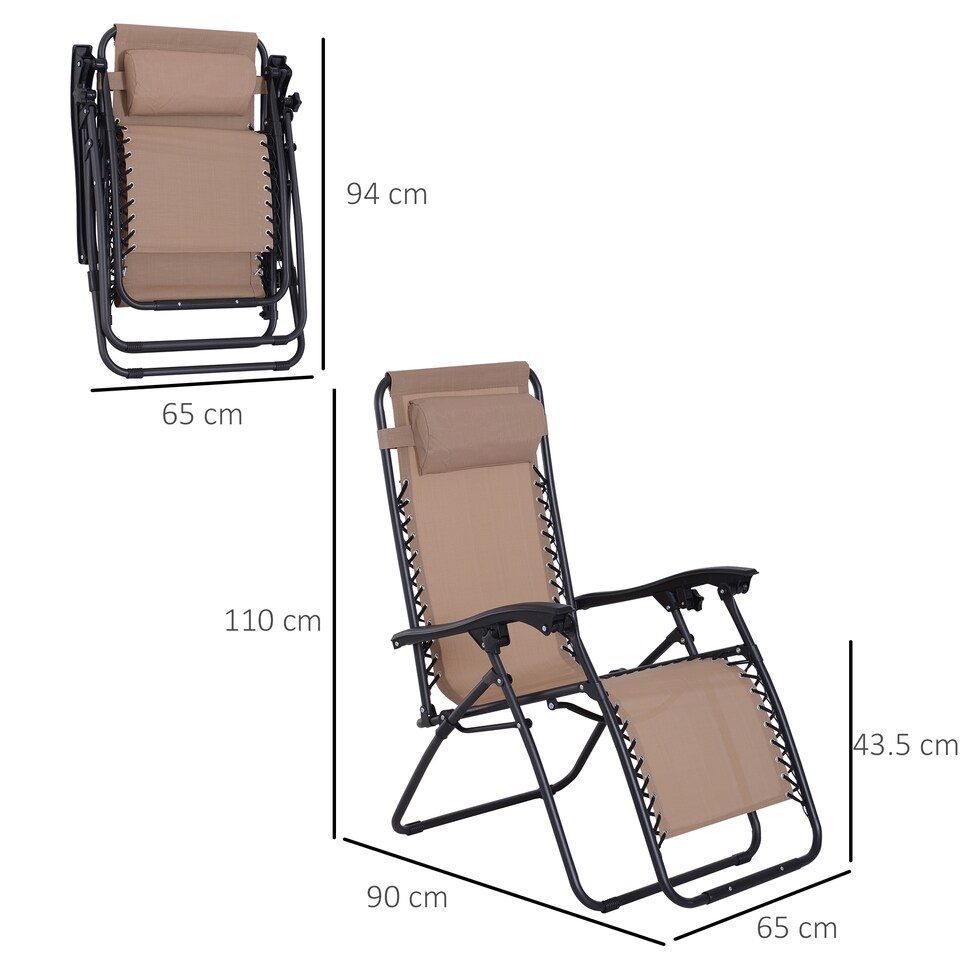 image 1 of Outsunny Zero Gravity Chair Metal Frame Texteline Armchair Outdoor Folding and Reclining Sun Lounger with Head Pillow for Patio Decking Gardens Camping, Beige