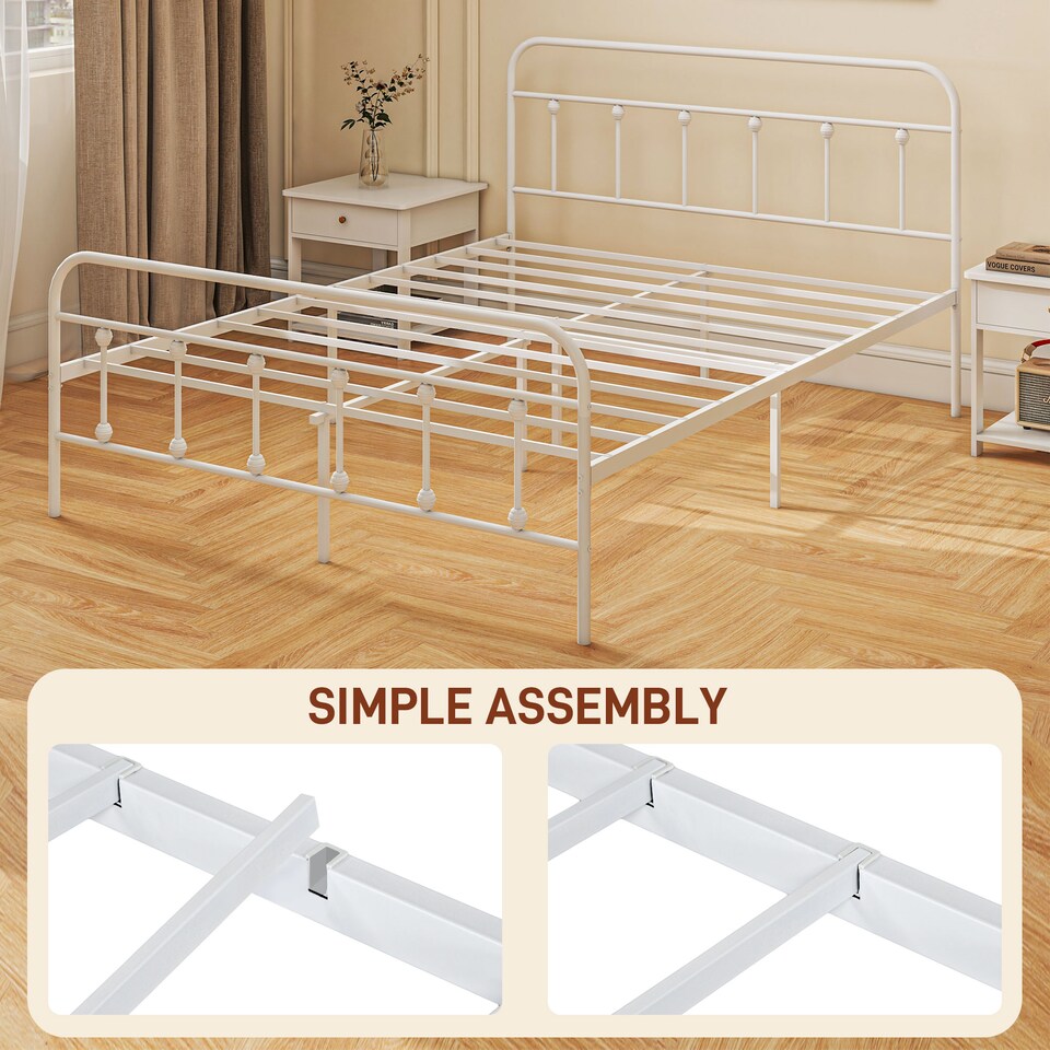image 1 of HOMCOM 4ft6 Double Bed Frame, Metal Platform Bed frame with Tall Headboard, Footboard and Steel Slat Support, No Box Spring Needed, Easy Assembly, White