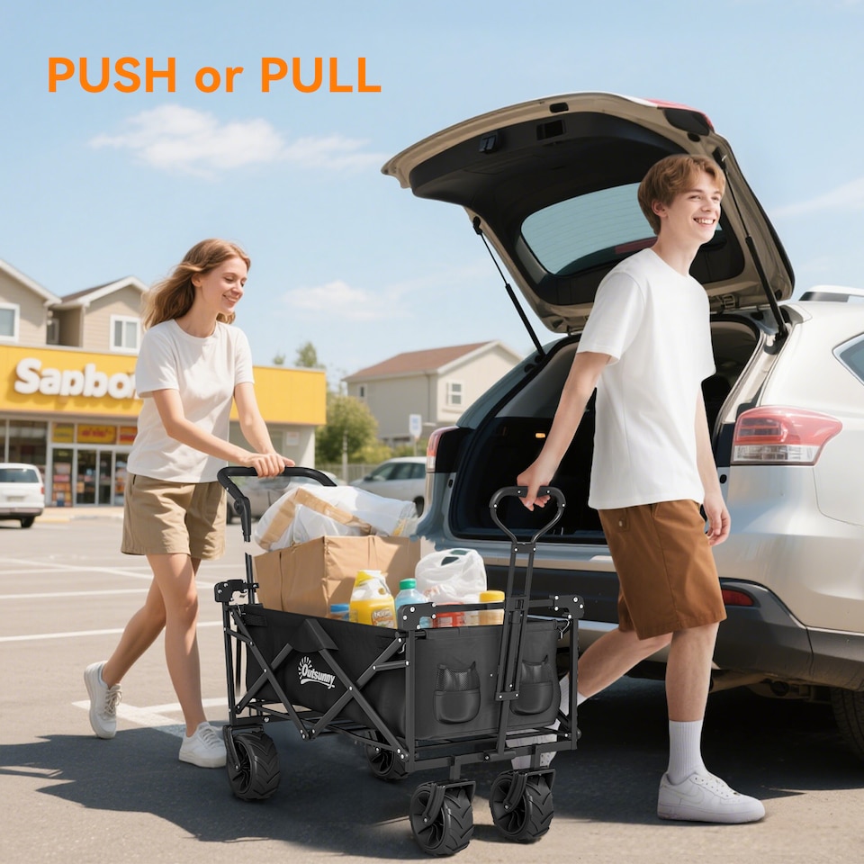 image 1 of Outsunny Outdoor Push Pull Wagon Stroller Cart w Canopy Top Black
