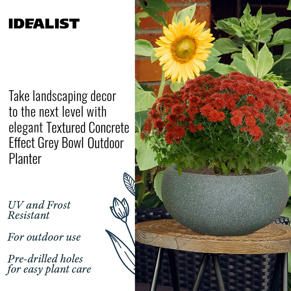 image 1 of Textured Concrete Effect Grey Bowl Outdoor Garden Planter D30 H14 cm, 9.9 ltrs Cap.