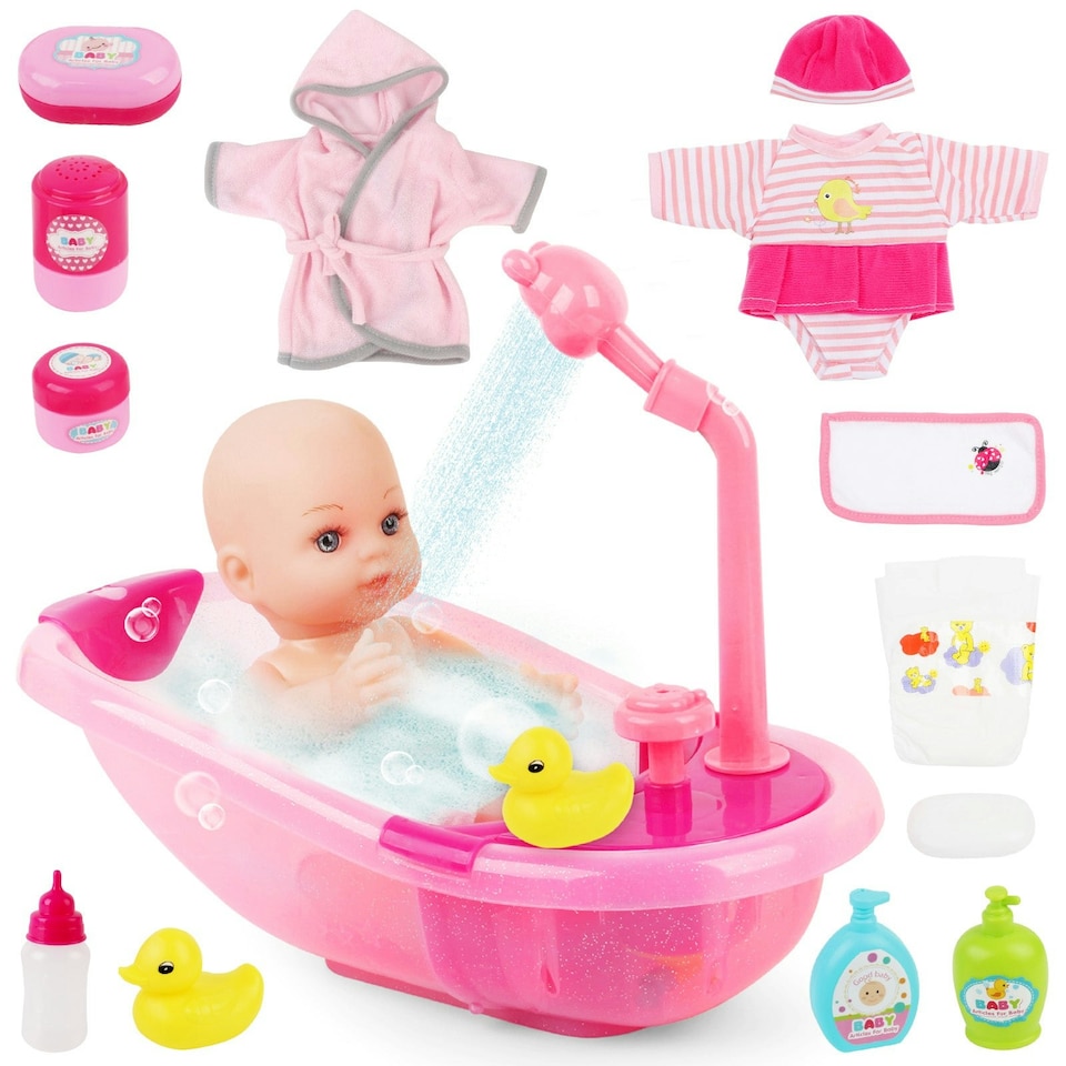image 1 of Baby Doll Bath Set with Accessories 16 Piece Pretend Play Bath Time Toy with Bathtub Shower Clothes Rubber Duck and Toiletries