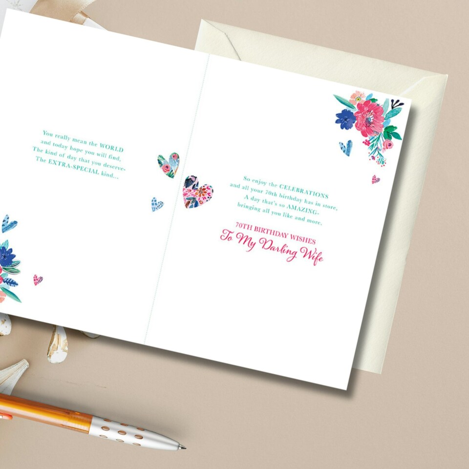 Words 'n' Wishes 70th Birthday Card for Wife, Floral Hearts Design, Gold Foil Finish