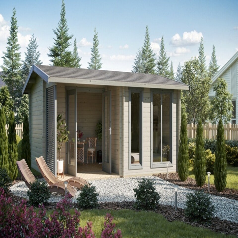 image 1 of Brighton 44-Log Cabin, Wooden Garden Room, Timber Summerhouse, Home Office - L580 x W429.9 x H250.8 cm Brown