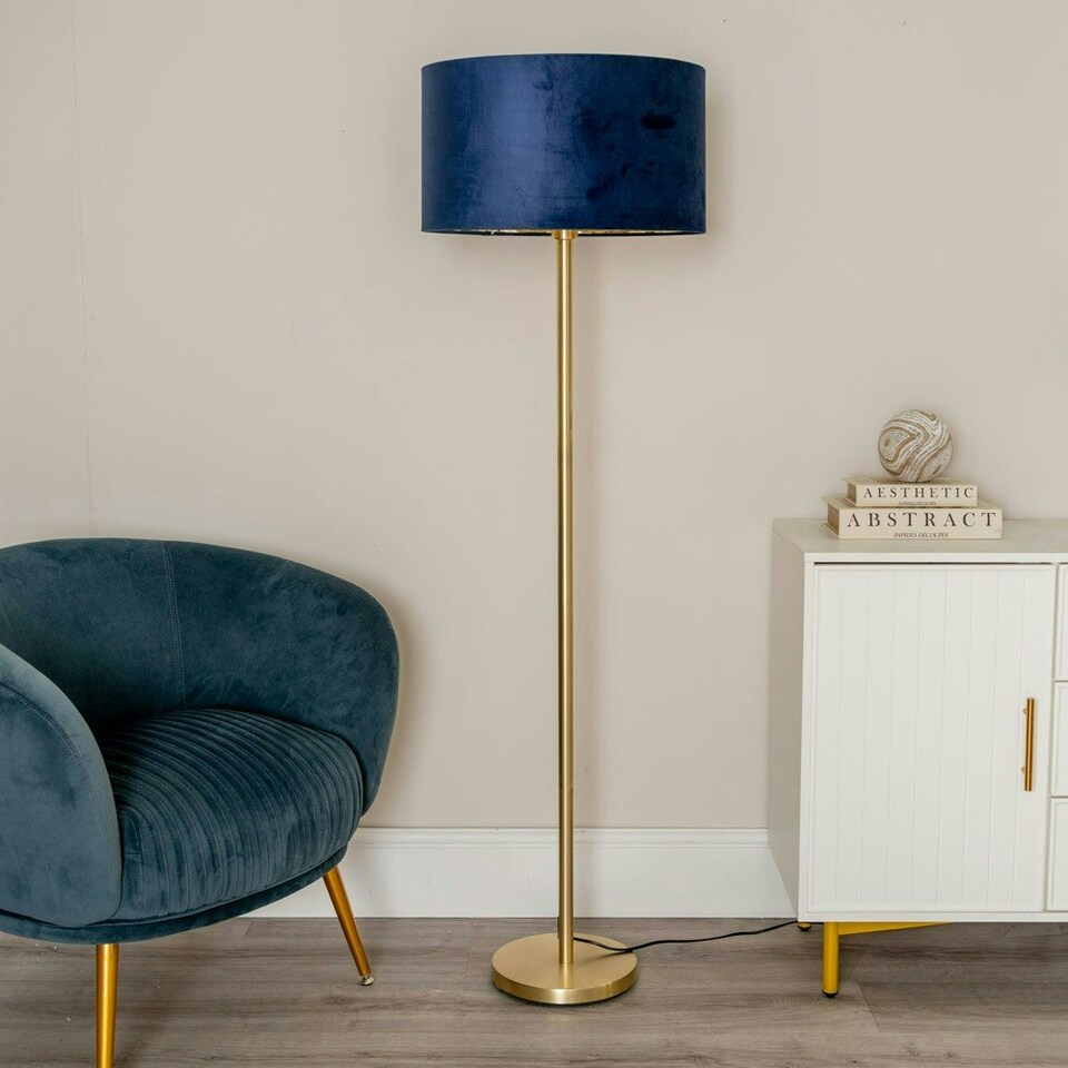 image 1 of ValueLights Charlie Brushed Chrome Stem Floor Lamp Mustard Taper Shade Blue