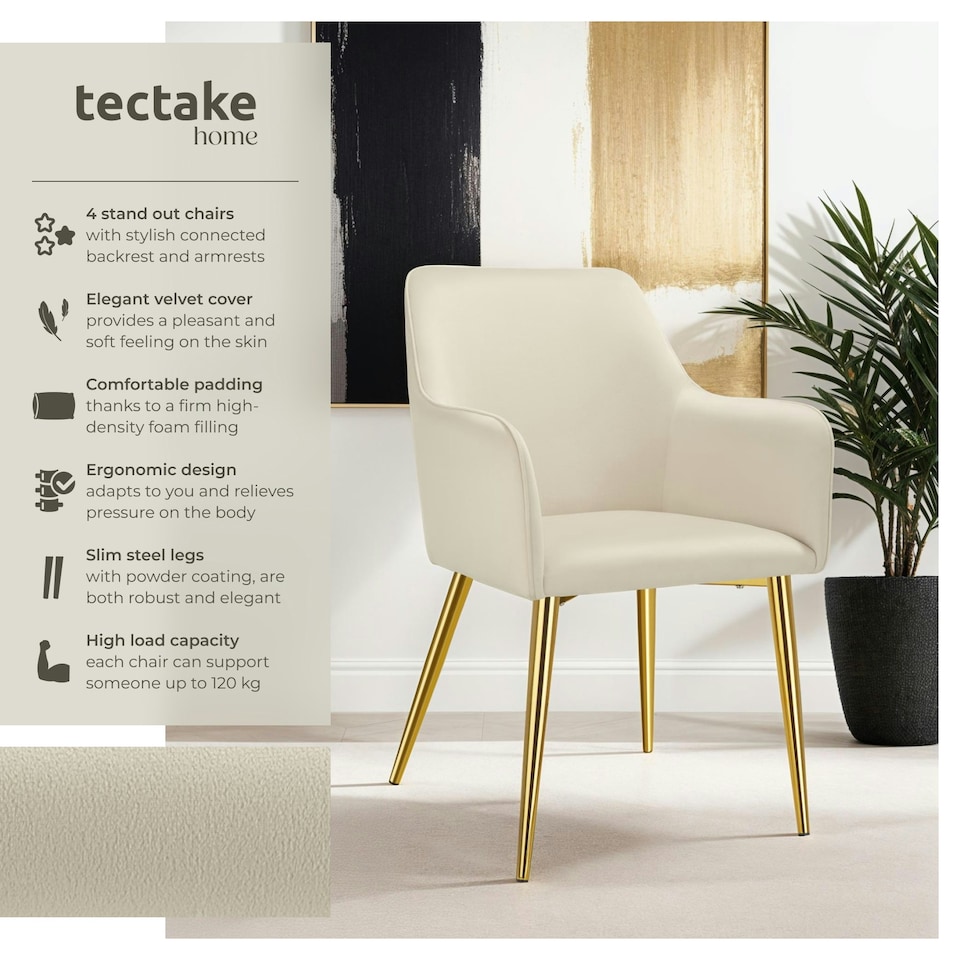 image 1 of Dining Chair Avane - velvet look, padded armchair, high backrest and high armrests - Set of 4 Cream | Beige