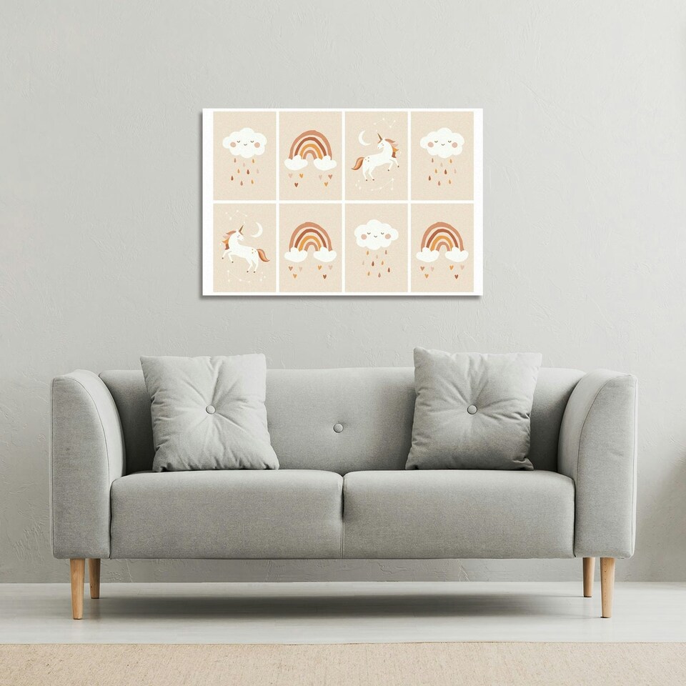 image 1 of Cute Hand Drawn Unicorn, Rainbow and Cloud (Canvas Print)