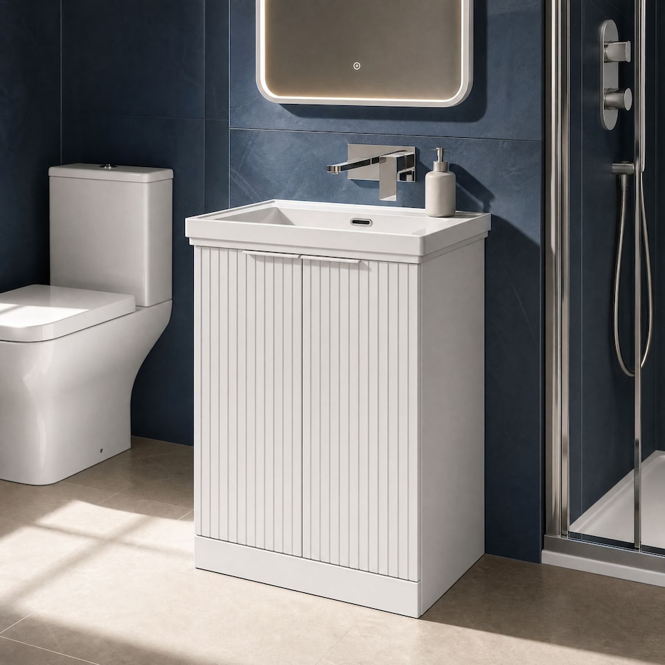 image 1 of Balterley Callingwood Contemporary Floor Standing 2 Door Vanity Unit with Traditional 0 Tap Hole Fireclay Basin , 600mm, Matt White