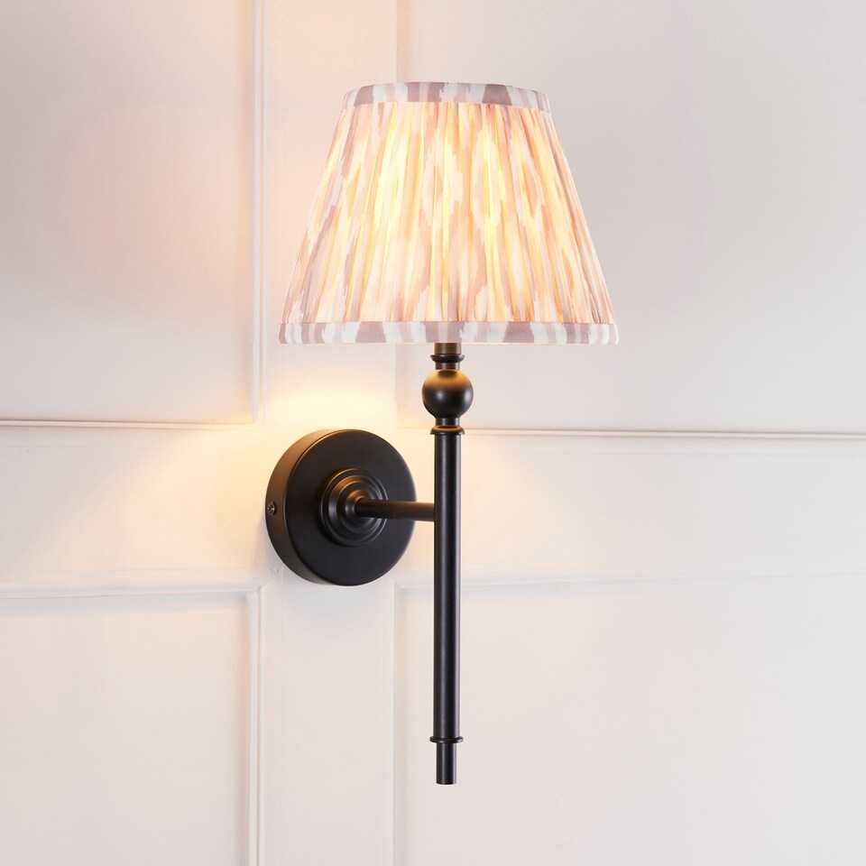 image 1 of Lille Matt Black Wall Light with Neutral Print Fabric Ikat Shade 20cm B22