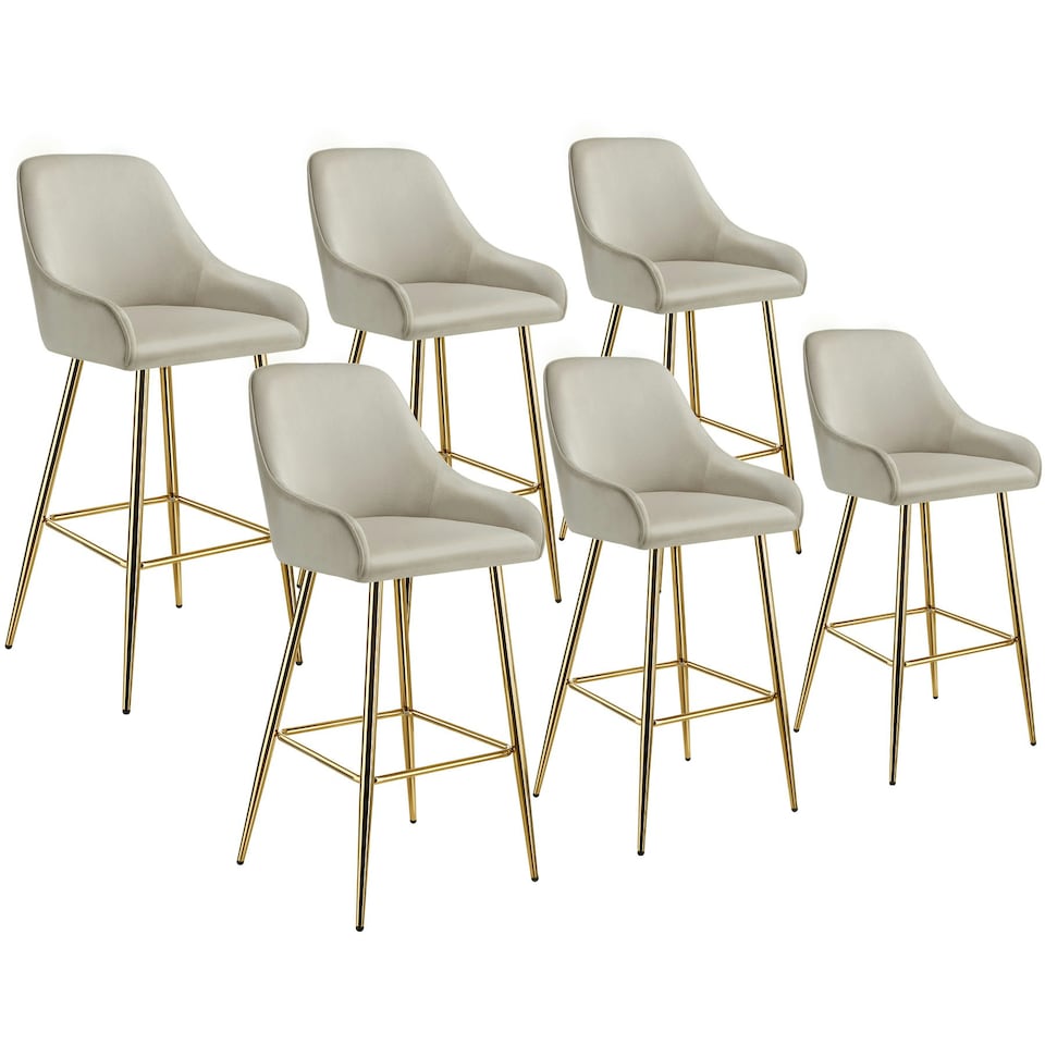 image 1 of Bar Stool Avane - with backrest, upholstered, velvet look - Set of 6 Cream | Gold