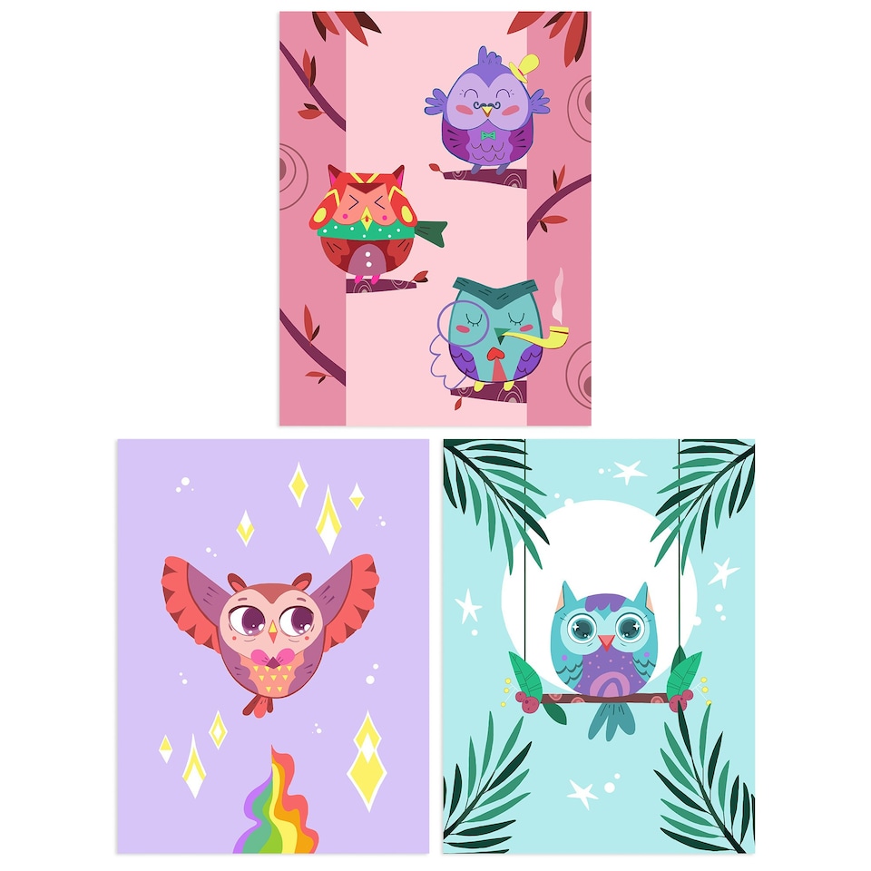 image 1 of Set of 3 Kids Bedroom Nursery Colourful Owl Bird Autumn Moonlight Rainbow Wall Art Prints 12x16 Inch