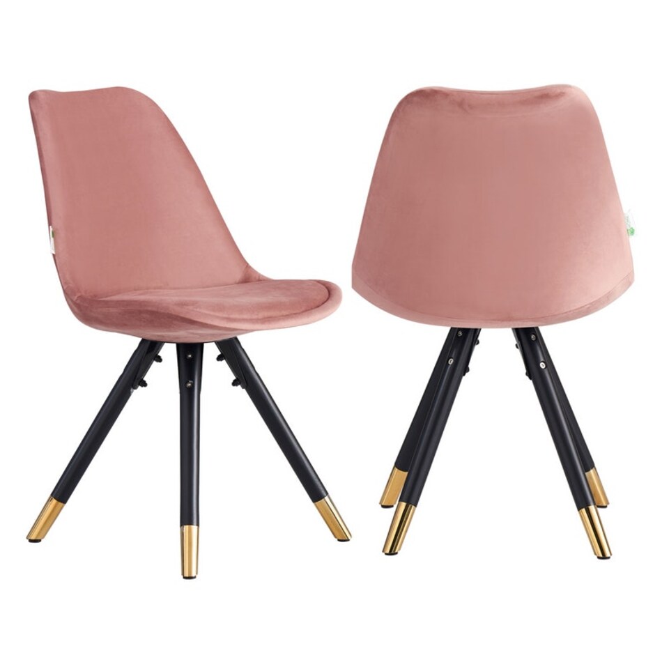 image 1 of Set of 2 Sofia Ergonomic Modern Dining Chairs Upholstered in Velvet, Metal Legs with Gold End Tips Pink