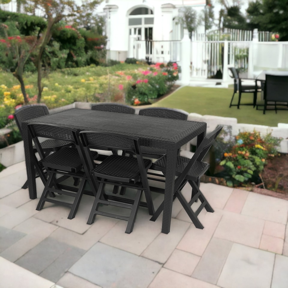 image 1 of Anthracite Plastic Dining Table & Folding Chairs | Black | 7