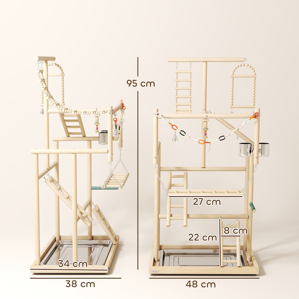 image 1 of PawHut Wooden Bird Playground with Ladders, Chain Toy, Steel Cups and Tray