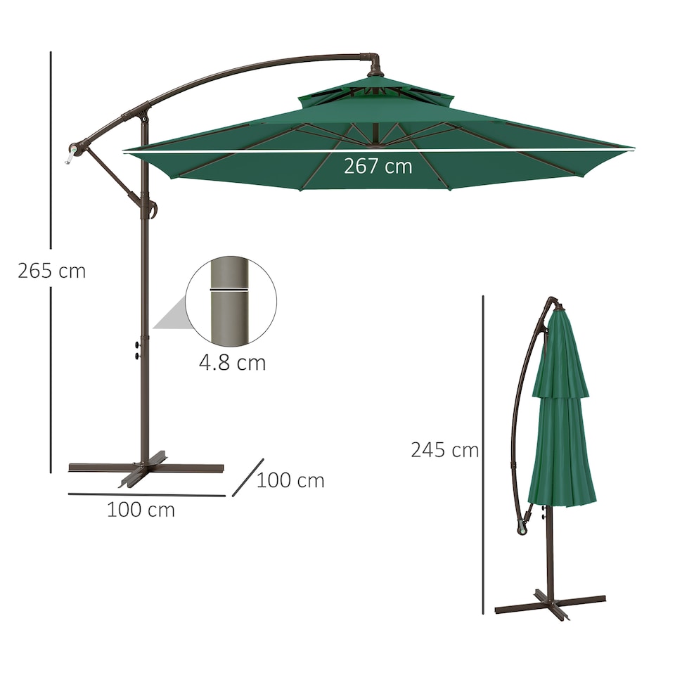 image 1 of Outsunny 2.7m Garden Banana Parasol Cantilever Umbrella with Crank Handle, Double Tier Canopy and Cross Base for Outdoor, Hanging Sun Shade, Green