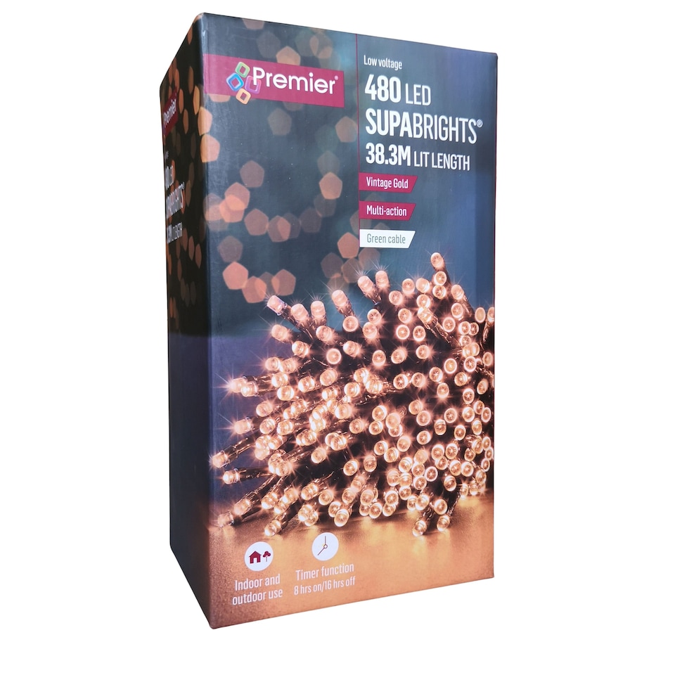 image 1 of 480 LED 38.3m Premier SupaBrights Indoor Outdoor Christmas Multi Function Mains Operated String Lights with Timer in Vintage Gold
