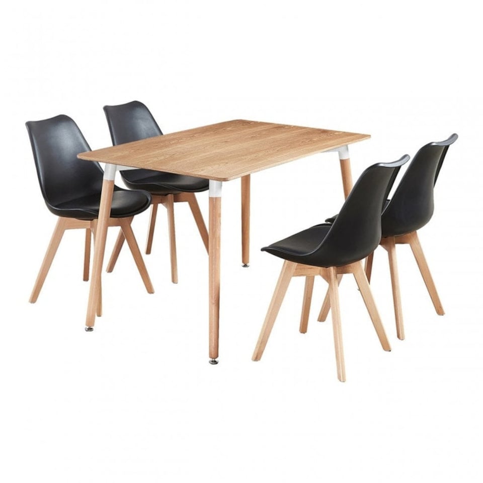 image 1 of 5PCs Dining Set - an Oak Halo Dining Table & Set of 4 Lorenzo Tulip Chairs with Padded Seat | Black