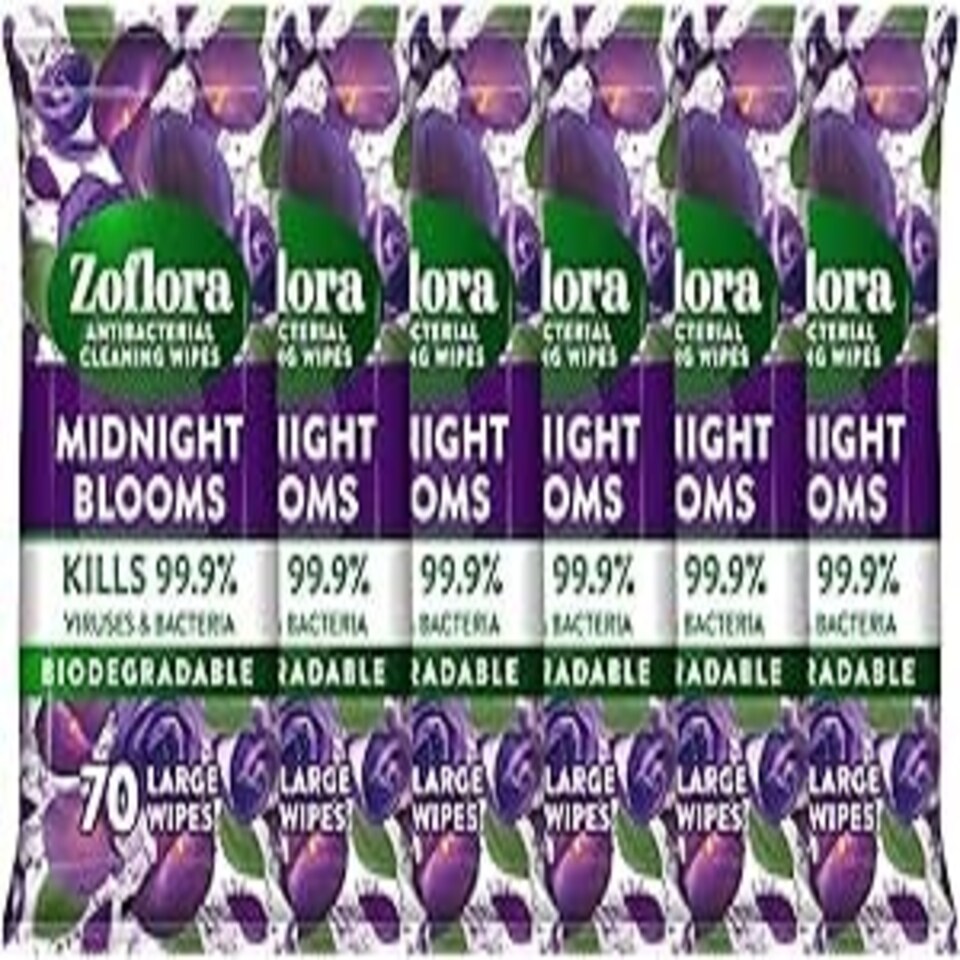 image 1 of Zoflora Midnight Blooms Large Biodegradeable Wipes, Antibacterial, 6x70 Wipes, Multi-Surface Disinfectant, Removes Odours & Kills 99.9% of Bacteria & Viruses
