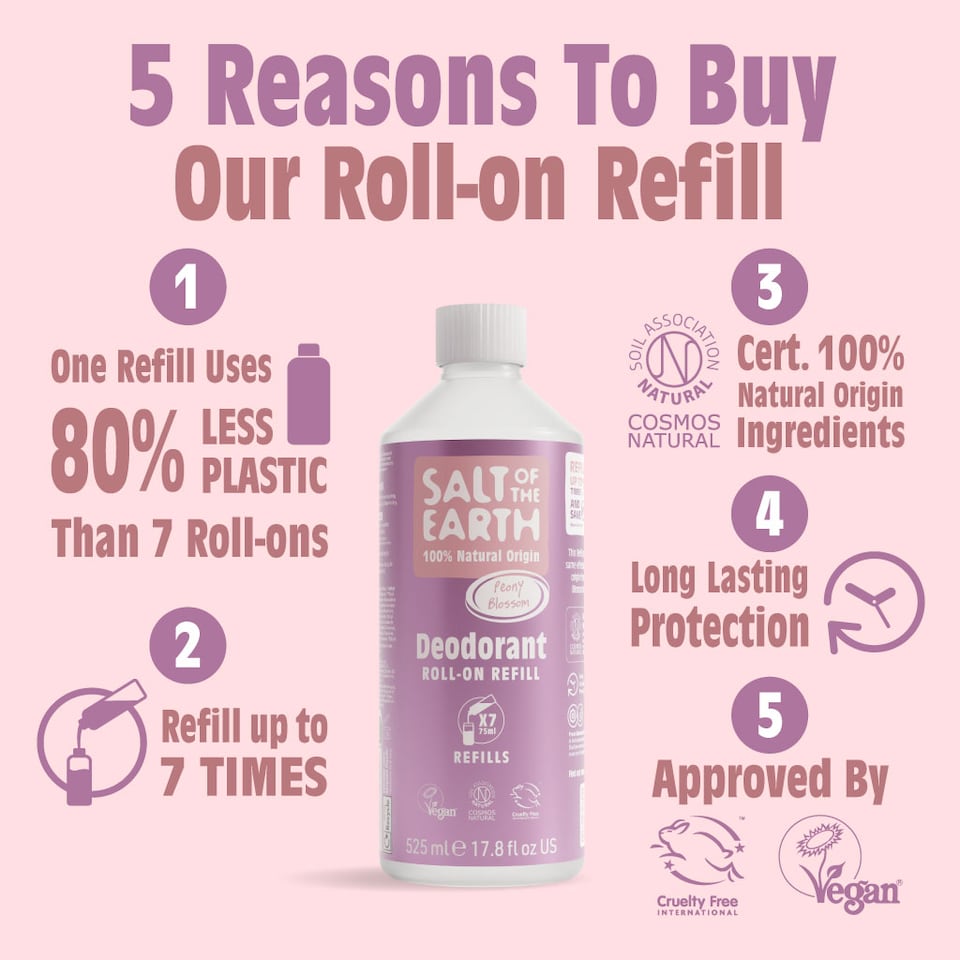 image 1 of Salt of the Earth Natural Deodorant Roll on Refill x7 Uses Peony Blossom Natural Origin Ingredients Vegan 525ml