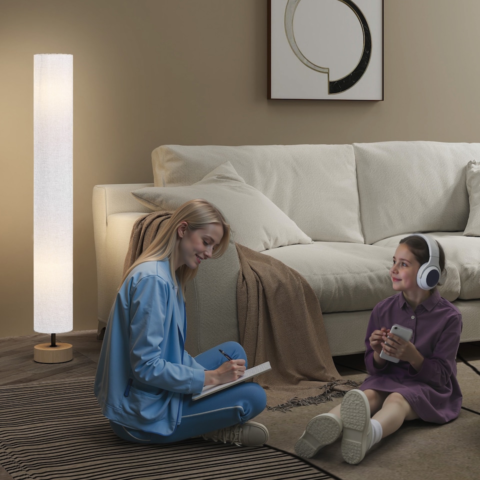 image 1 of HOMCOM Floor Lamp for Living Room, 47 Modern Standing Lamp with Linen Shade, Wooden Base, Grey