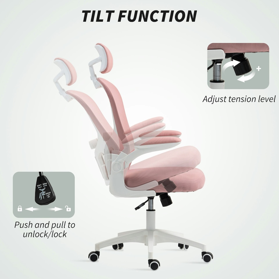 image 1 of Vinsetto Mesh Chair with Headrest, 4D Lumbar Support, Flip-up Arm, Pink | Pink | White | One Size