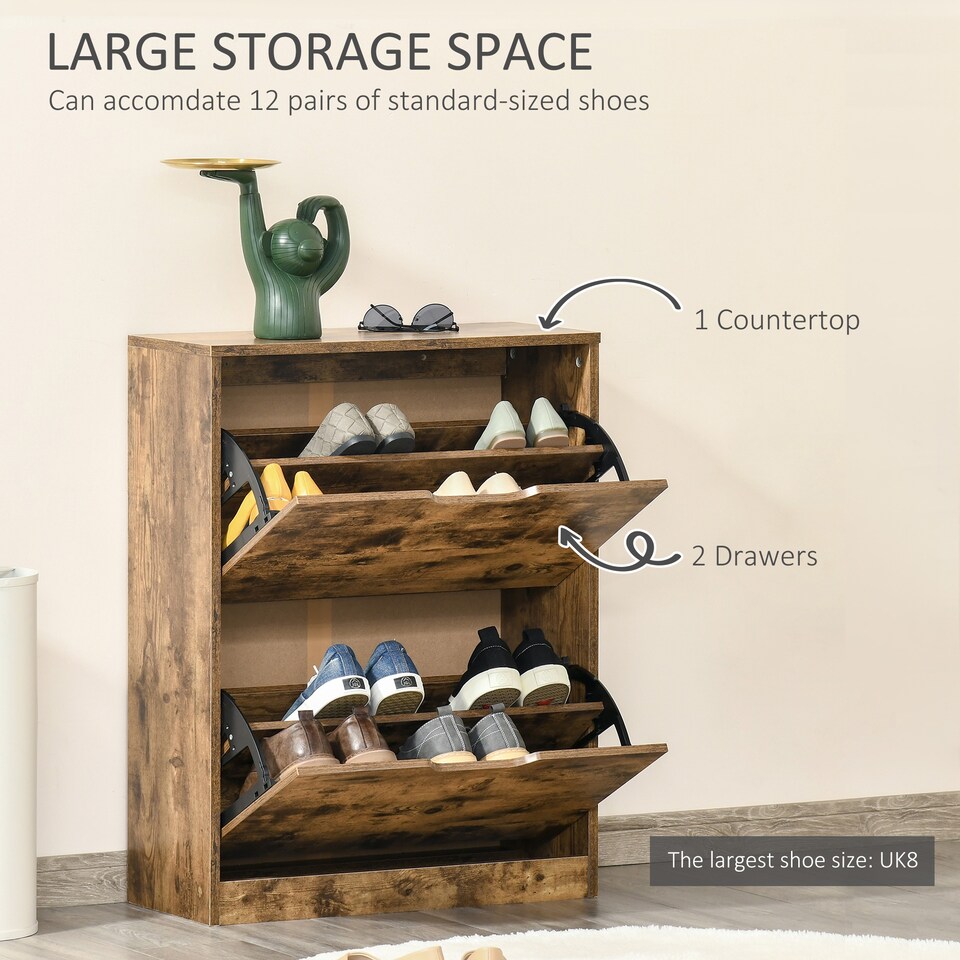 image 1 of HOMCOM Industrial Shoe Cabinet with 2 Flip Drawers, Narrow Shoe Storage Cabinet for 12 Pairs, Freestanding Slim Shoe Storage Organiser for Entryway, Hallway, Rustic Brown