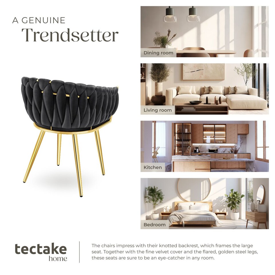 image 1 of Dining Chair Astano - padded, velvet, knot design, continuous backrest | Black | black/gold | 4