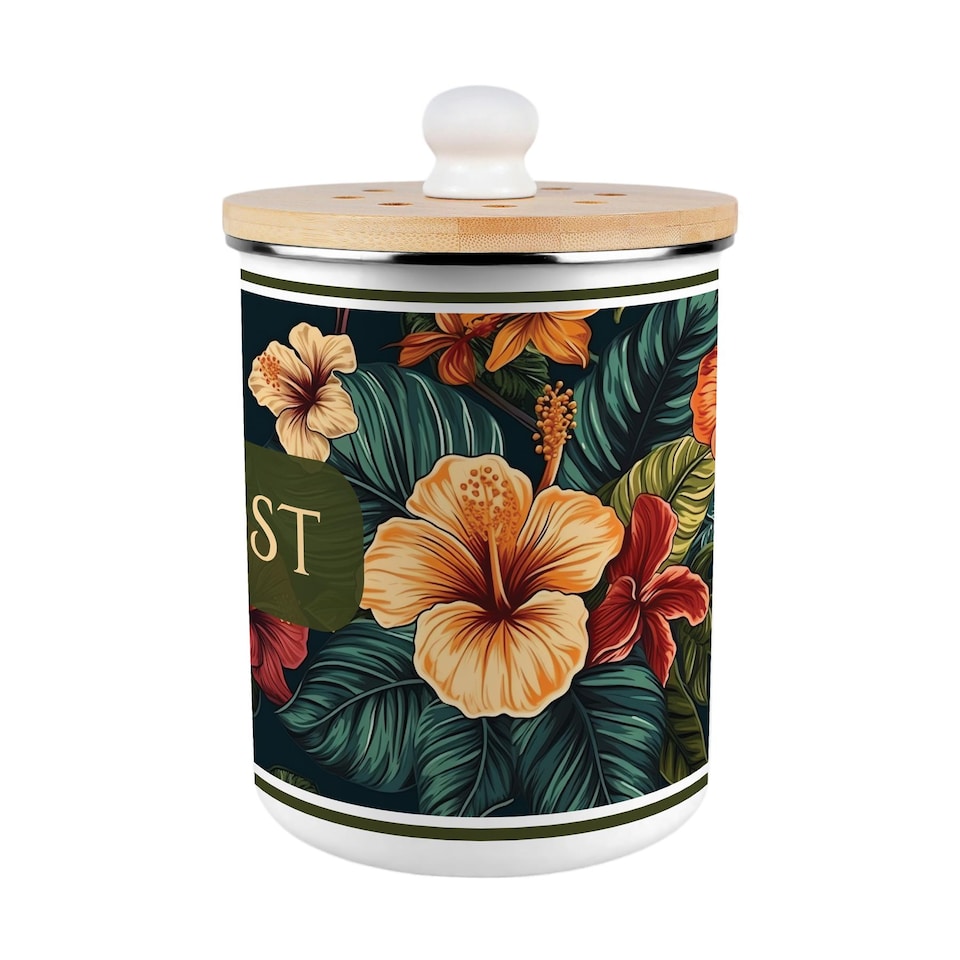 image 1 of Dark Hibiscus Compost Caddy - Metal 2L Decorative Kitchen Food Waste Bin