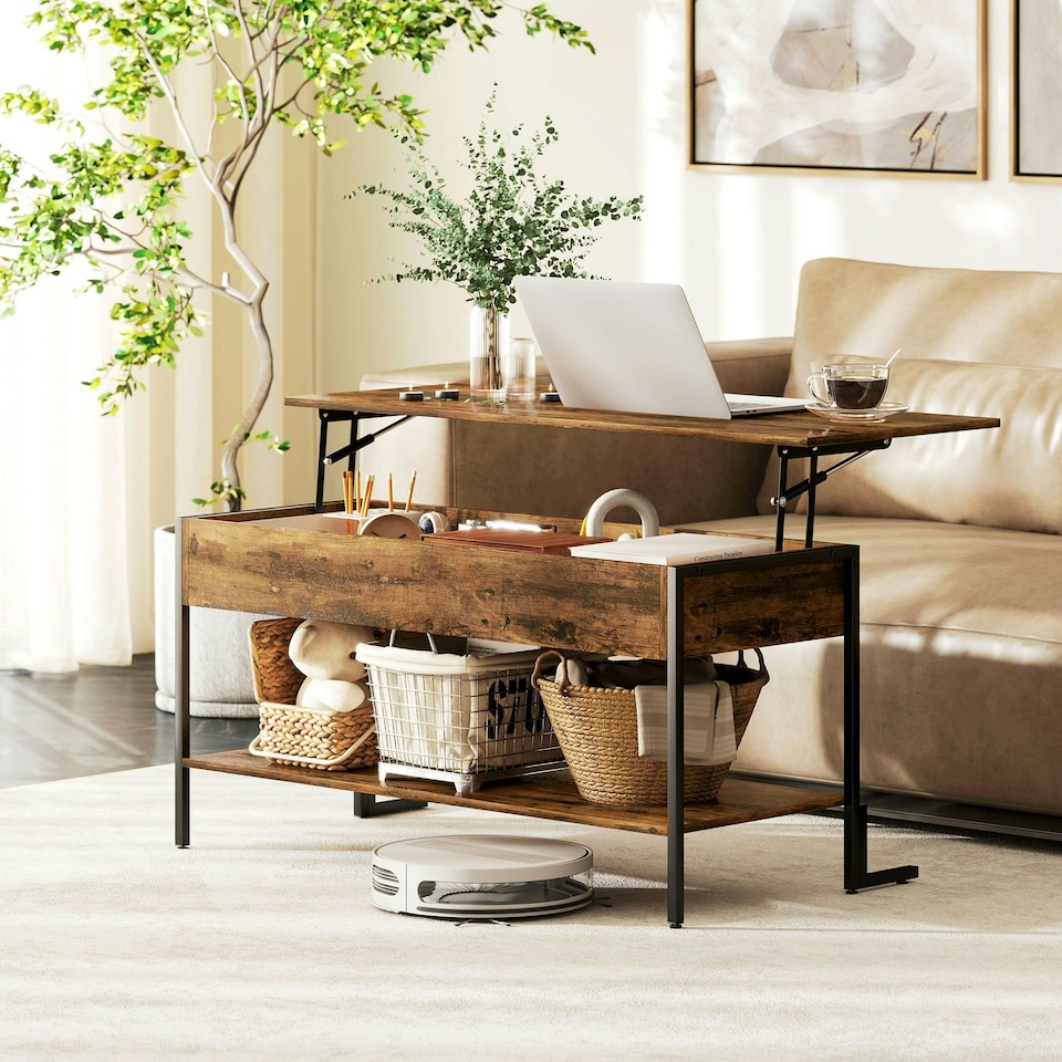 image 1 of HOMCOM Industrial Lift Top Coffee Table with Storage Shelf Rustic Brown Brown