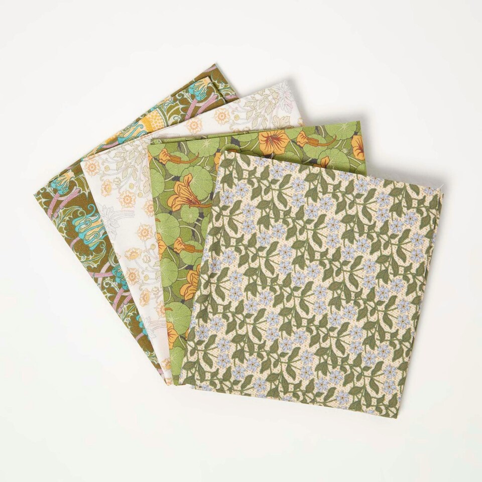 image 1 of Homescapes Set of 4 Art Deco Fat Quarters Fabric Bundles - Dark Green Palette Multi