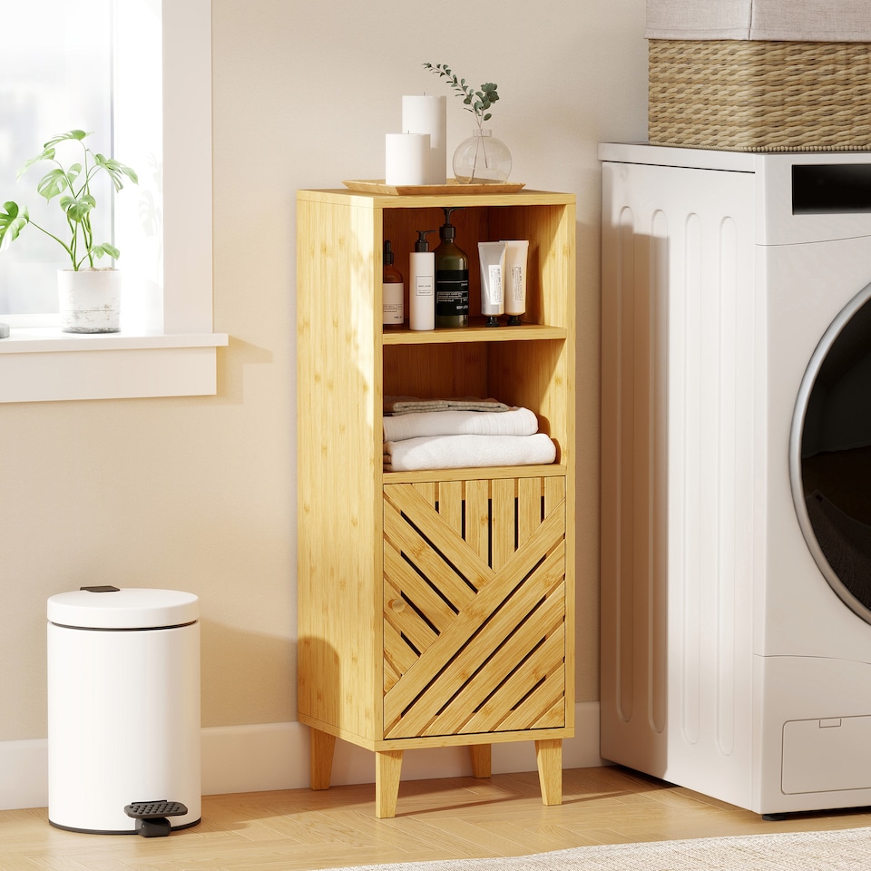 image 1 of HOMCOM Slim Bathroom Cabinet with Bamboo Door and Legs, Narrow Bathroom Storage Cabinet, Freestanding Storage Cupboard with Open Compartments, 32 x 30 x 90 cm, Natural Wood Finish