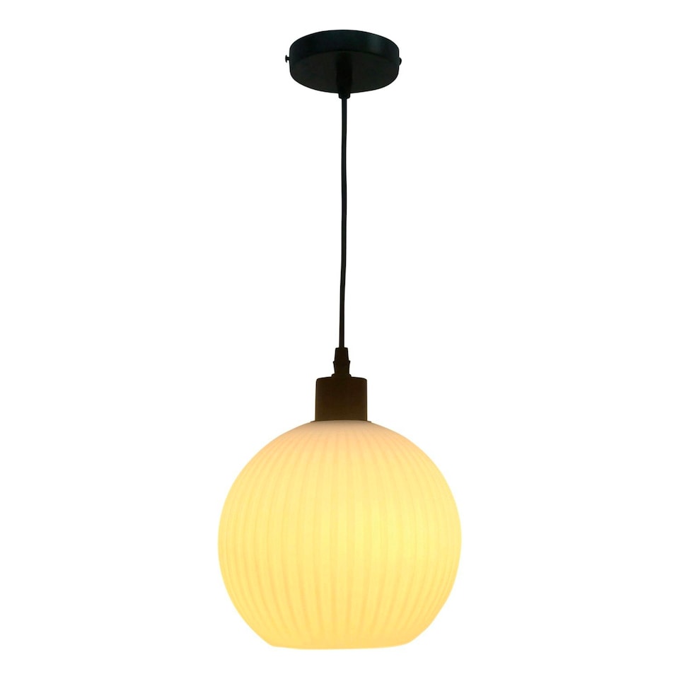 image 1 of First Choice Lighting Set of 2 Betchley White Ribbed Glass Globe with Black Pendant Fittings Black | White