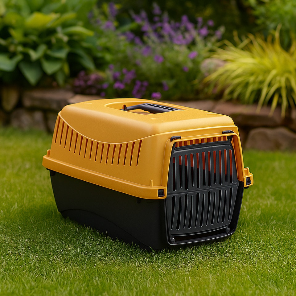 image 1 of Dog Cat Puppy Pet Carrier Portable Box Transporter Cage with Handle | Black | Mustard