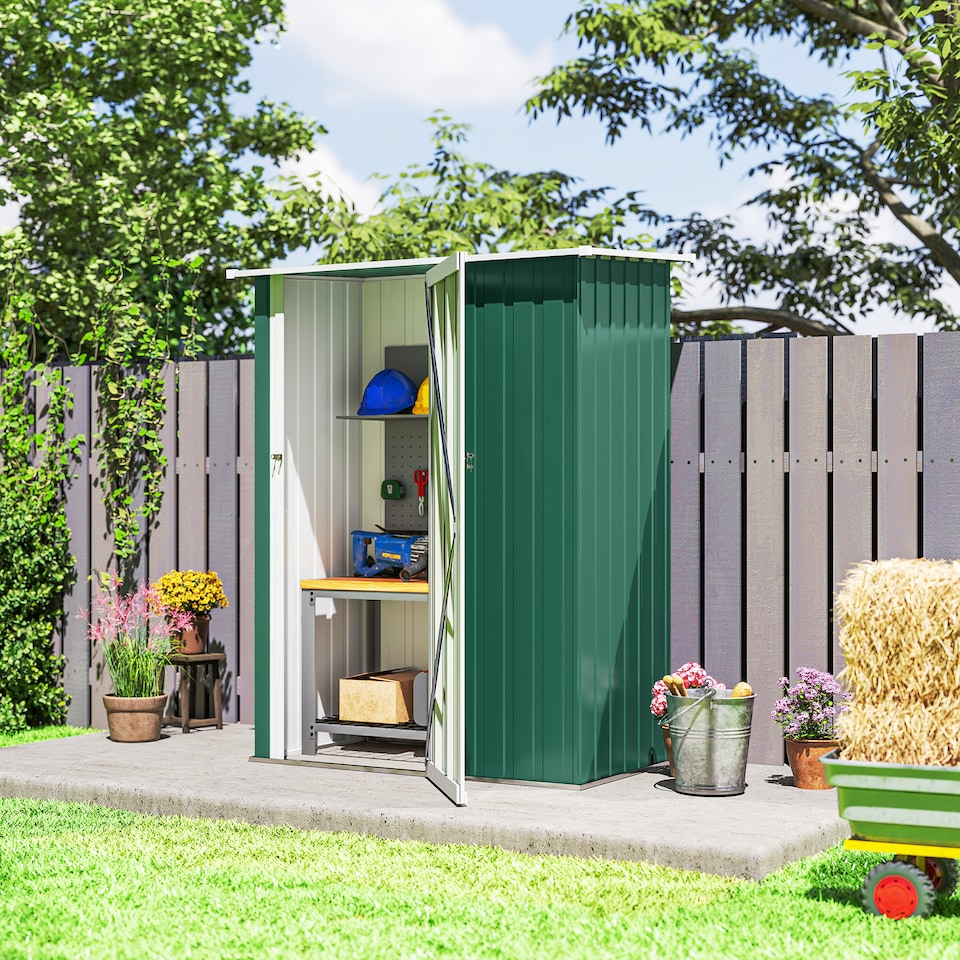 image 1 of Outsunny 5ft x 3ft Garden Storage Shed, Outdoor Metal Shed with Sloped Roof, Lockable Door for Tools, Equipment, Green