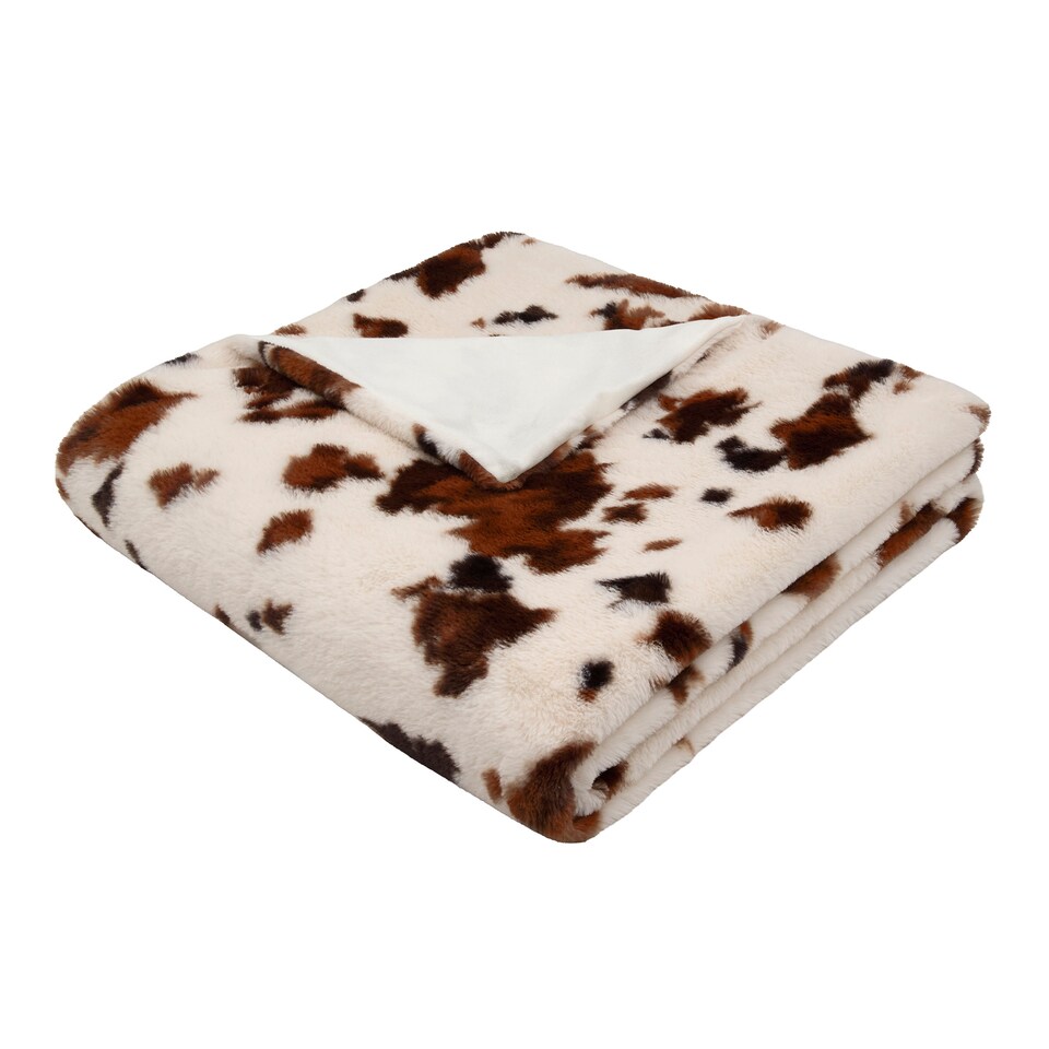 image 1 of Fusion Cow Print Faux Fur Bedspread Natural